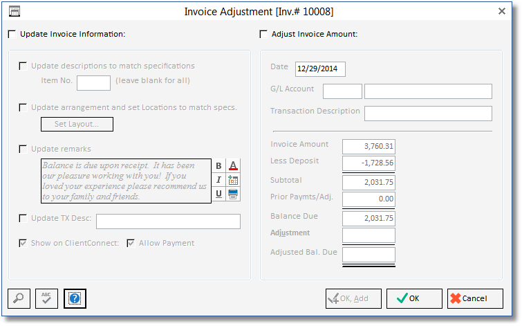invoice adjustment window