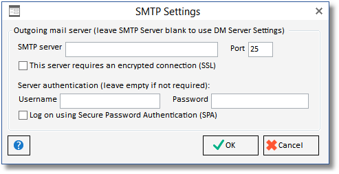 smtp settings window