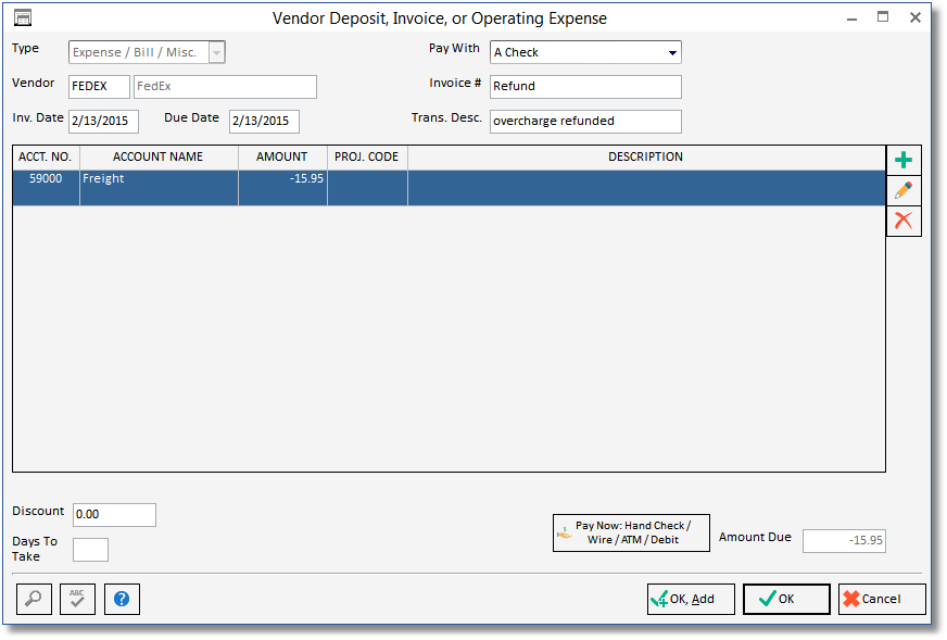 vendor invoice window - expense_refund example