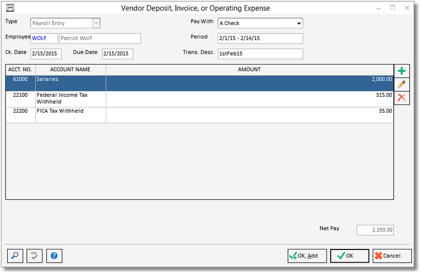 vendor invoice window - Payroll