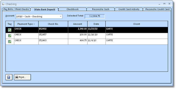 Checking Window Make Bank Deposit tab