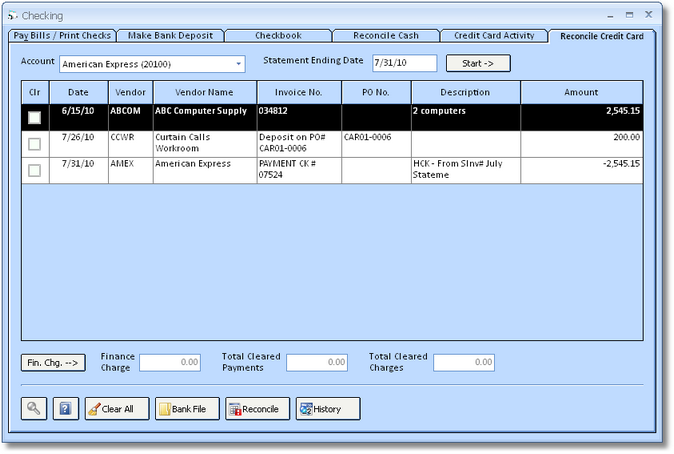 Checking Window Reconcile Credit Card