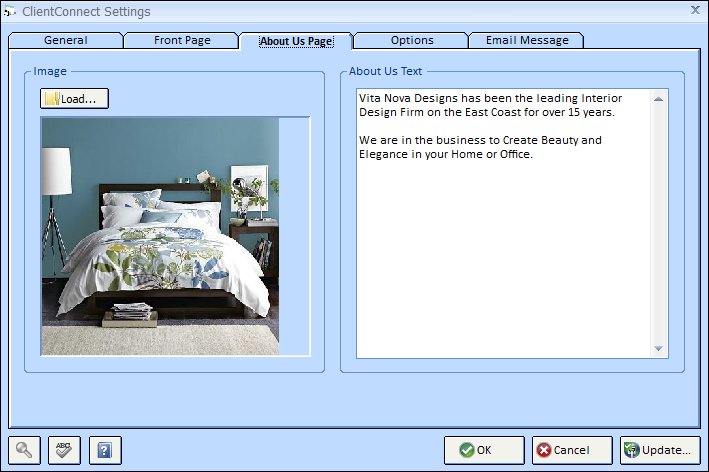 client connect settings window-about us