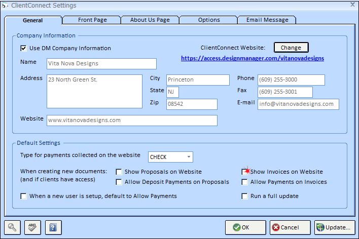 client connect settings window-general -show invoices