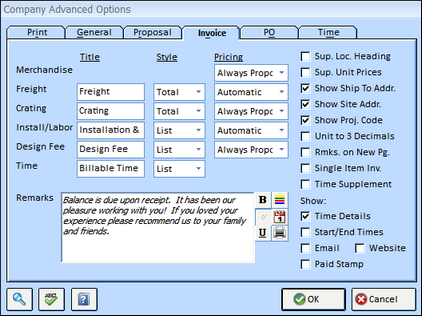 Company Advanced Options Invoice