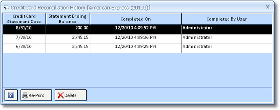 Credit Card Reconciliation History Window