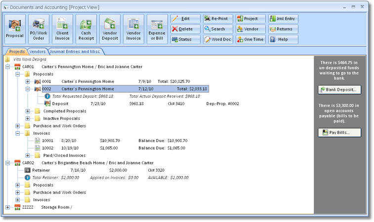Documents and Accounting Window - Unpaid bills and undeposited deposits