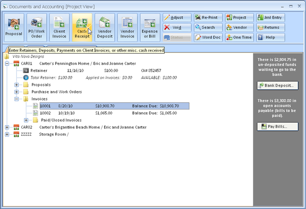 Documents and Accounting Window Cash Reciept button highlighted
