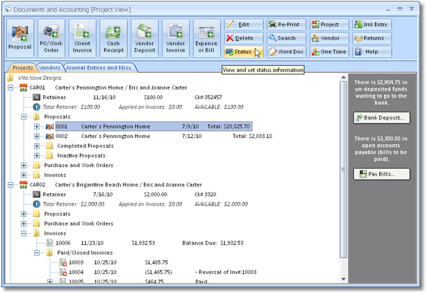 documents and accounting window with status button highlighted