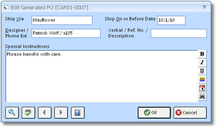 Edit Generated PO Window