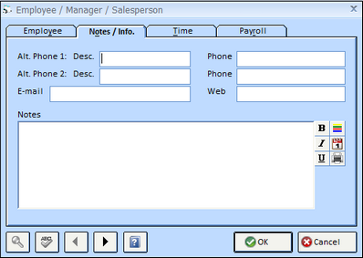Employee window Notes tab