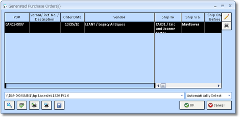 Generated Purchase Order Window