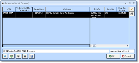 Generated Work Order Window