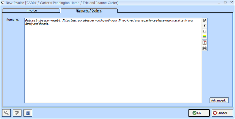 Invoice - remarks options window