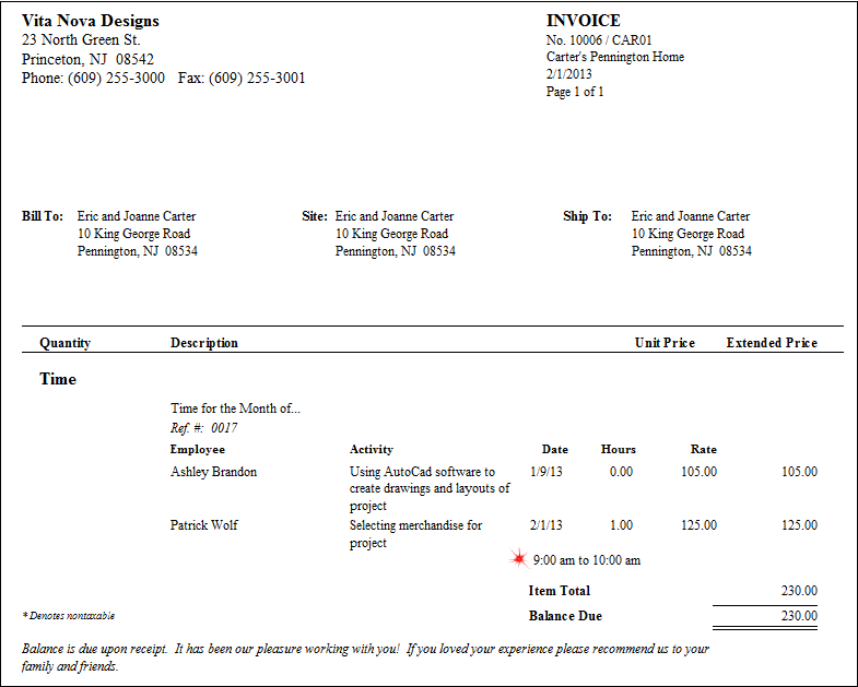 invoice example with show time details and SE times