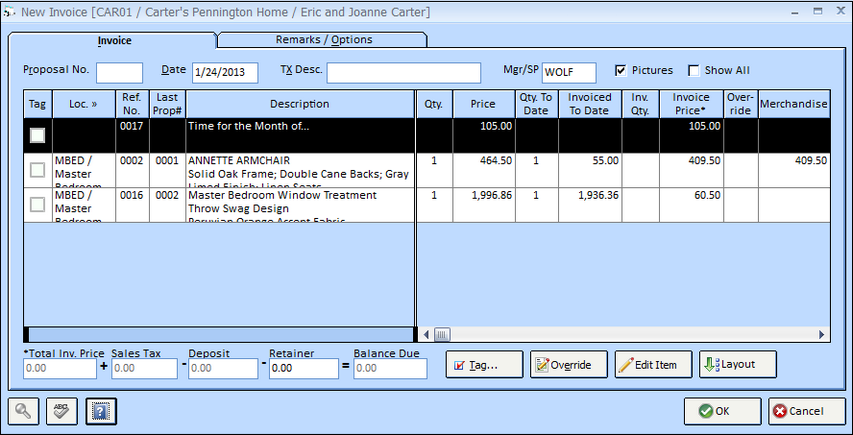 New Invoice Window Invoice Tab