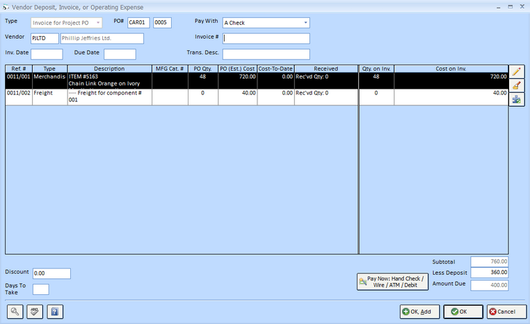 new vendor invoice window