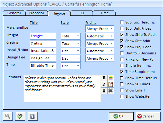 Project Advanced Options Invoice
