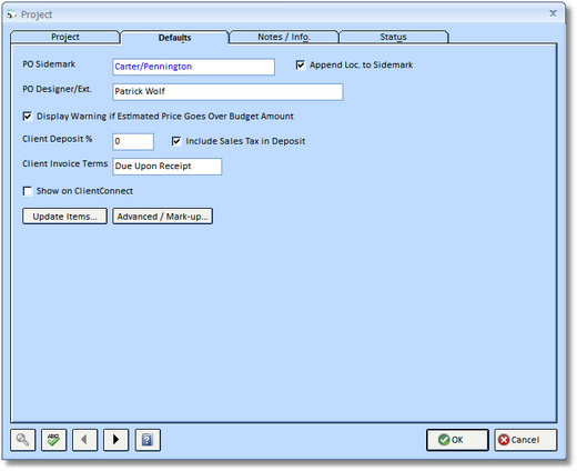 Project Window Defaults Tab