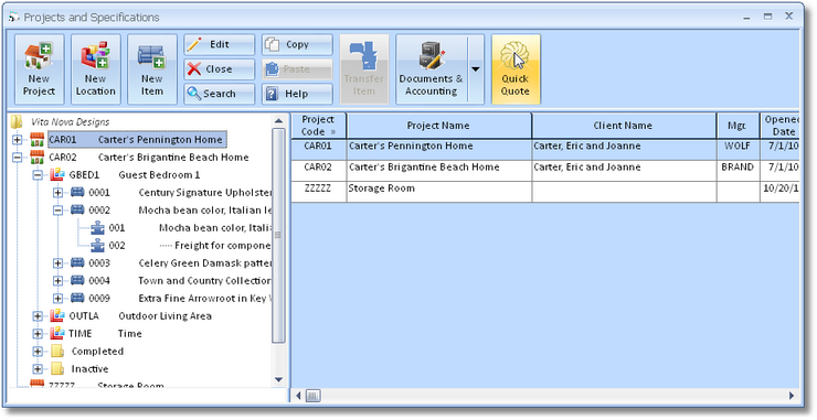 Projects and Specifications Window - Quick Quote button