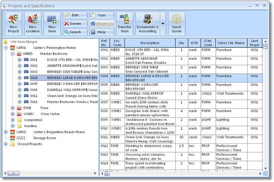 Projects and Specifications Window with Transfer Button Enabled