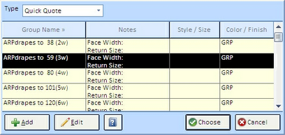 QQ Item Name Search Window - Type Quick Quote ARPdrapes to 59 selected