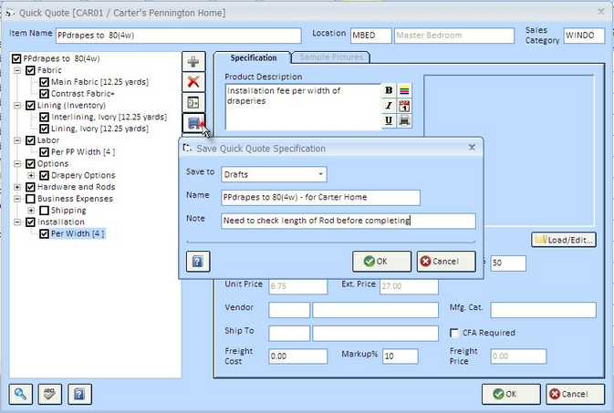 QQ Save Quick Quote Specification Save button highlighted