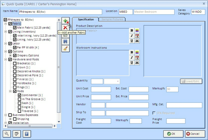 QQ Window - Add Another Fabric button higlighted