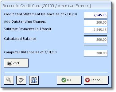 Reconcile Credit Card Window