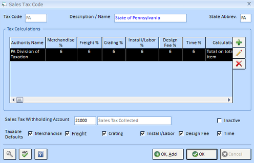 Sales Tax Code Window