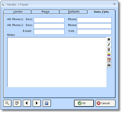 Vendor Window - Notes Info tab