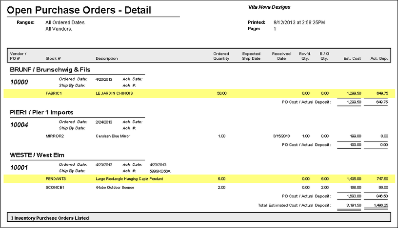 inventory open po report - example -detail