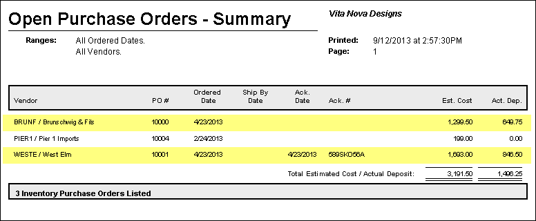 inventory open po report - example sumary