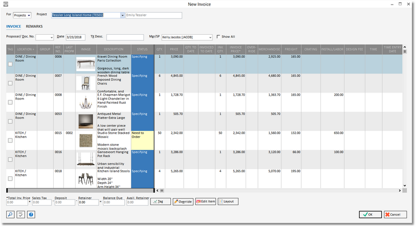 new invoice window - invoice tab