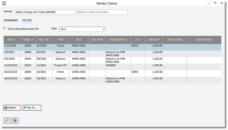 vendor - status - detail tab window