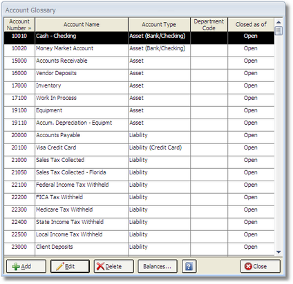 Account Glossary Window