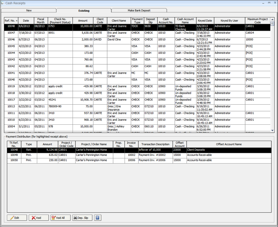 cash receipt existing window