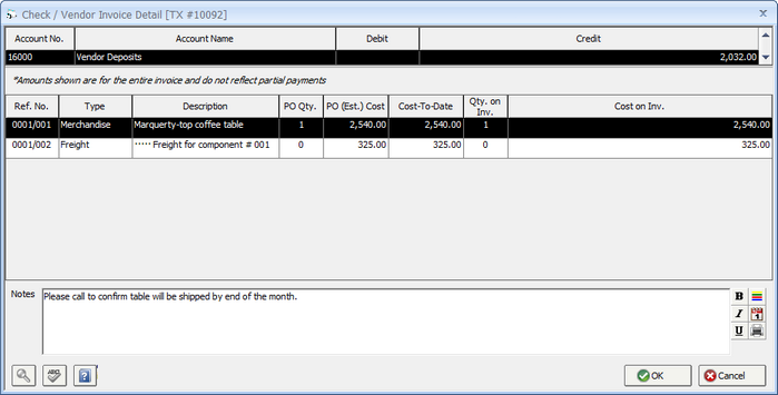 Check - Vendor Invoice Detail Window