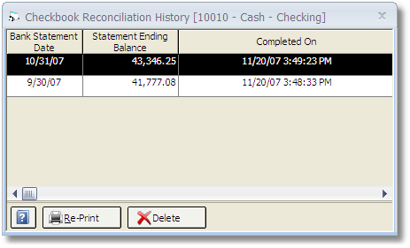 Checkbook Reconciliation History Window