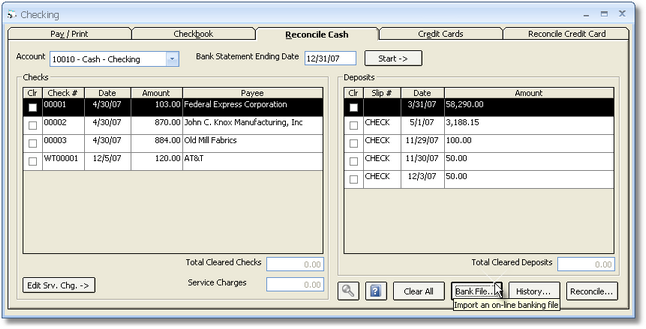 Checkbook Window – Cash Reconciliatin Tab – Bank File