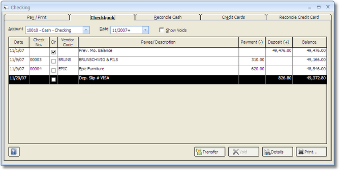 Checking Window - Checkbook Tab