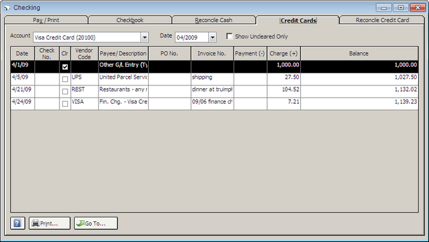 Checking Window - Credit Card Tab