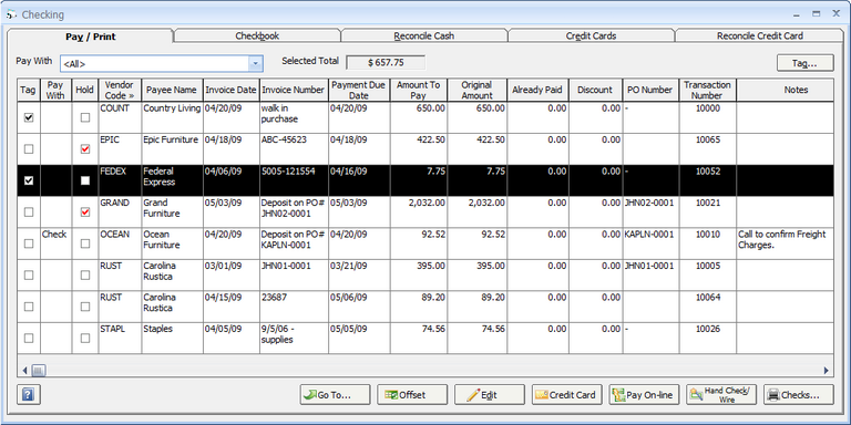 Checking Window - Pay-Print Tab