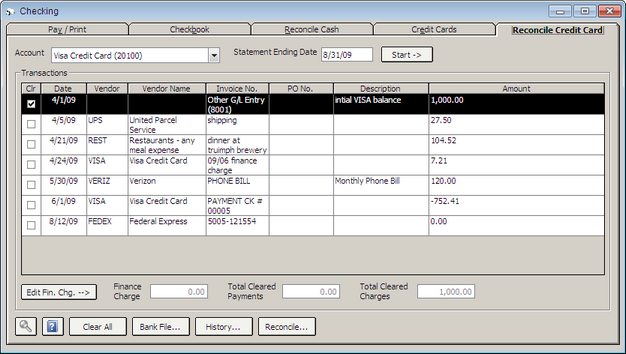 Checking Window - Reconcile Credit Card Tab
