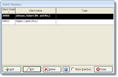 Client Glossary Window