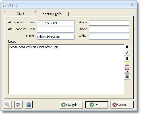 Client Wndow - Notes - Info Tab