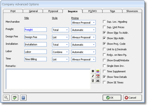 Company Advanced Options - Invoice tab