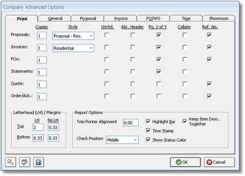 Company Advanced Options - Print tab