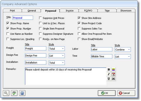 Company Advanced Options - Proposal tab