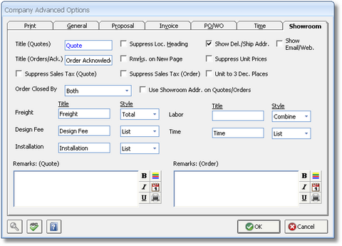 Company Advanced Options - Showroom tab